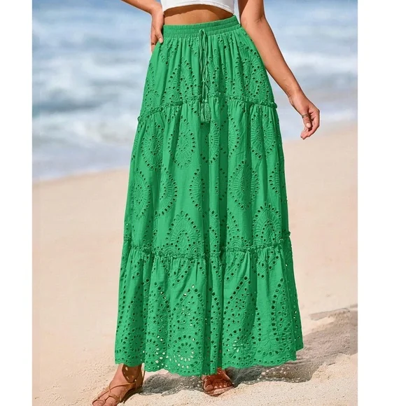 Boho Royal Blue Eyelet Stretchy waist Lined Maxi Skirt - Picture 8 of 12